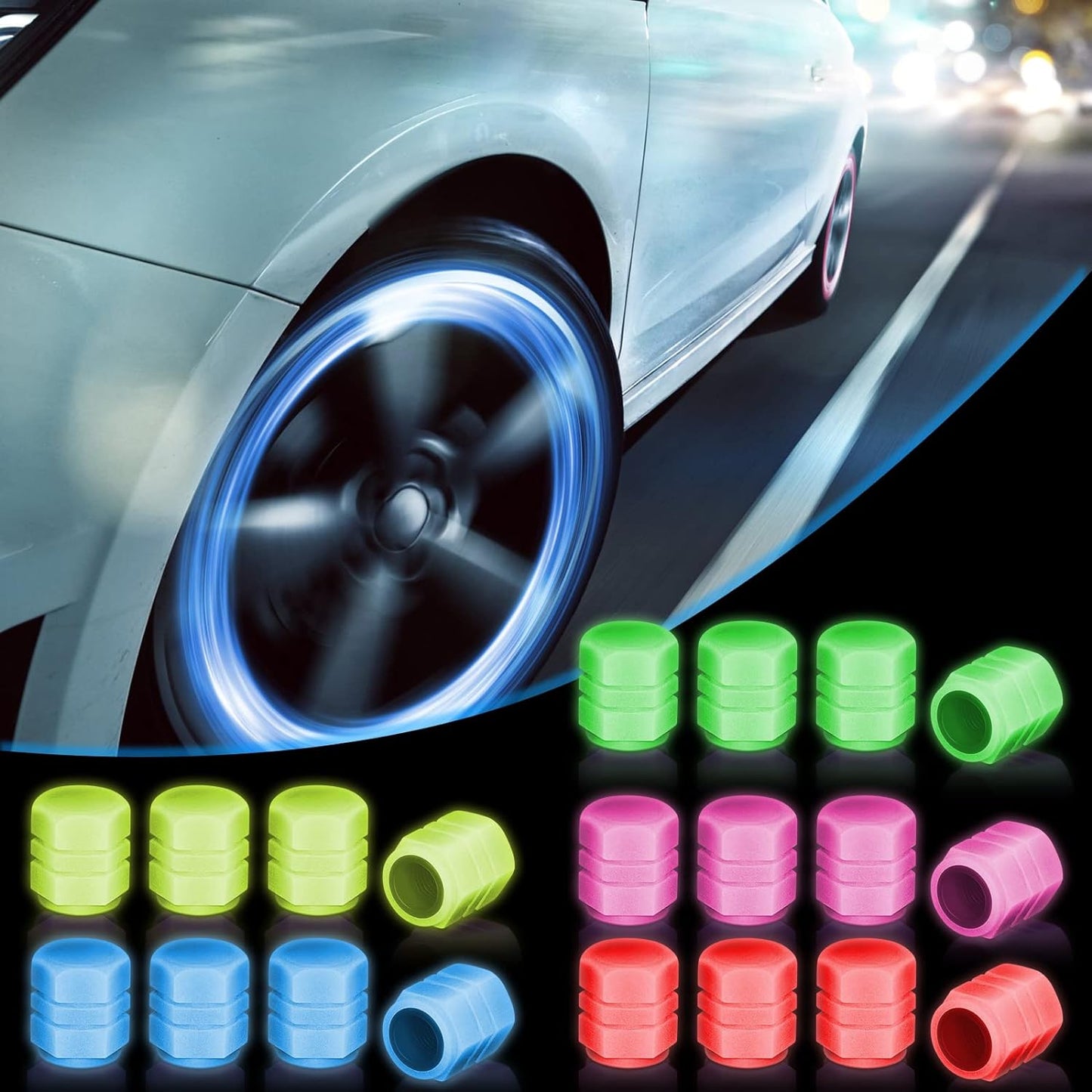 PACK OF TWO Glow in The Dark Tire Valve Caps Fluorescent Stem Car