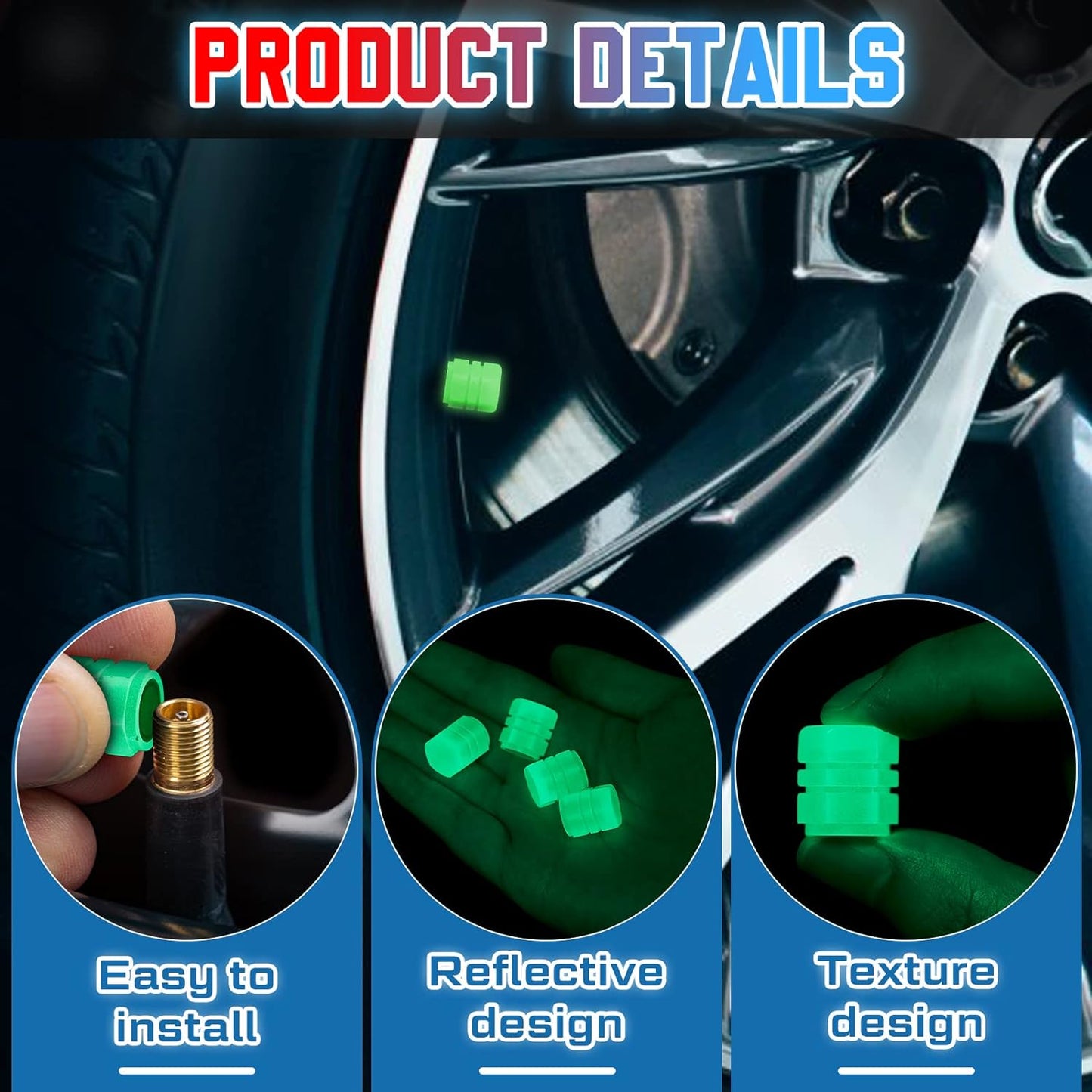 PACK OF TWO Glow in The Dark Tire Valve Caps Fluorescent Stem Car